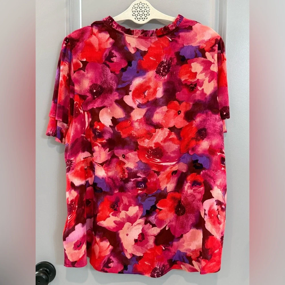 Beacon Red Pink Purple Floral V-Neck Flutter Sleeve Top - Picture 4 of 5